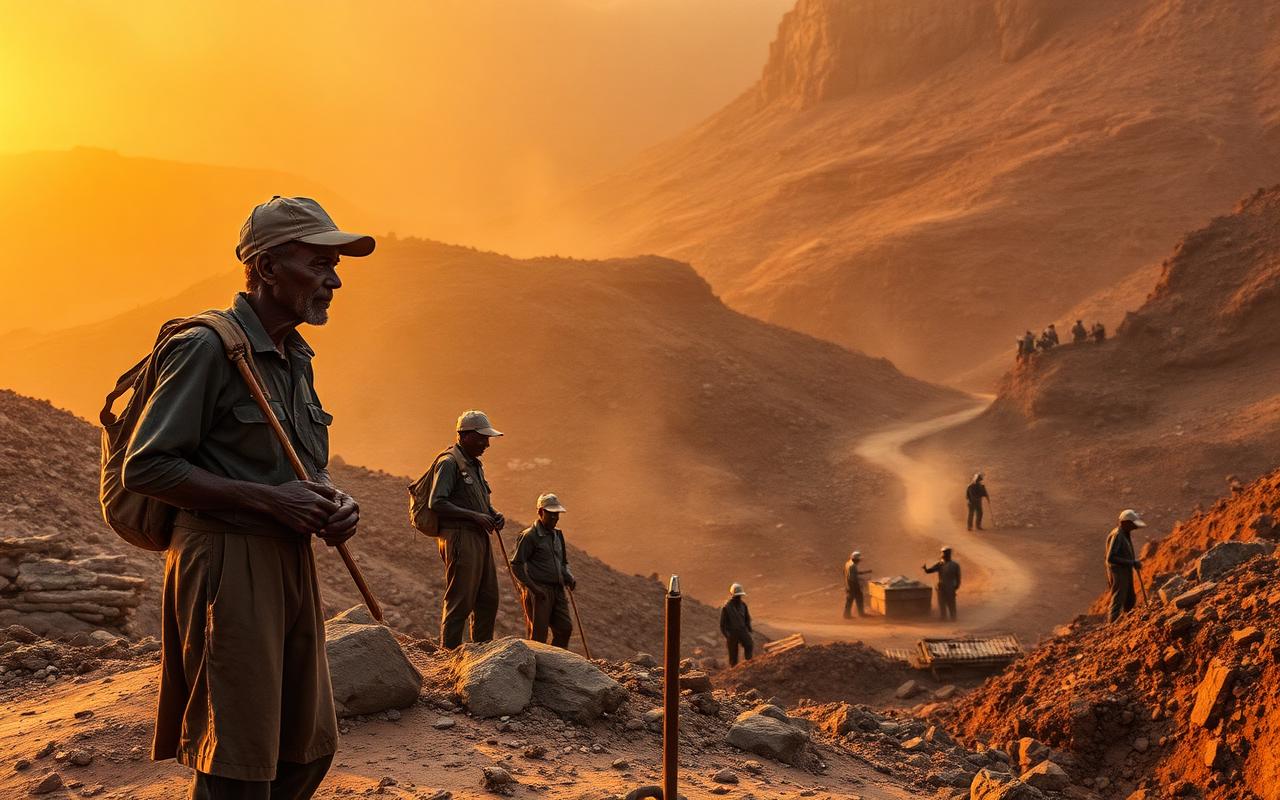 Artisanal miners at a small-scale site at golden hour